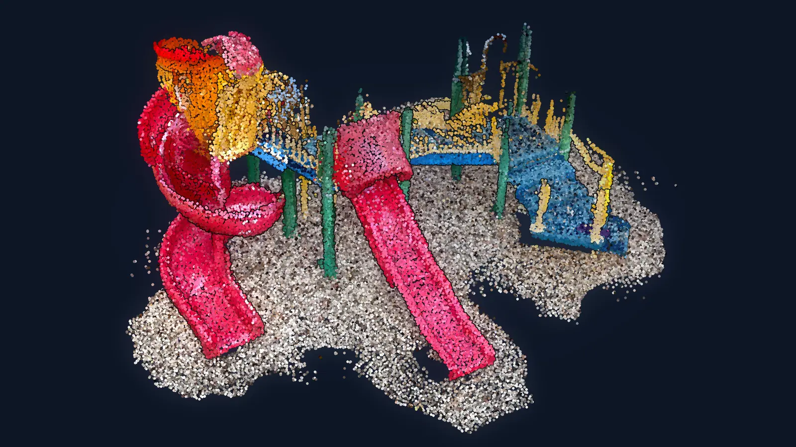A point cloud of a playground where every structure carries its own segmentation colour