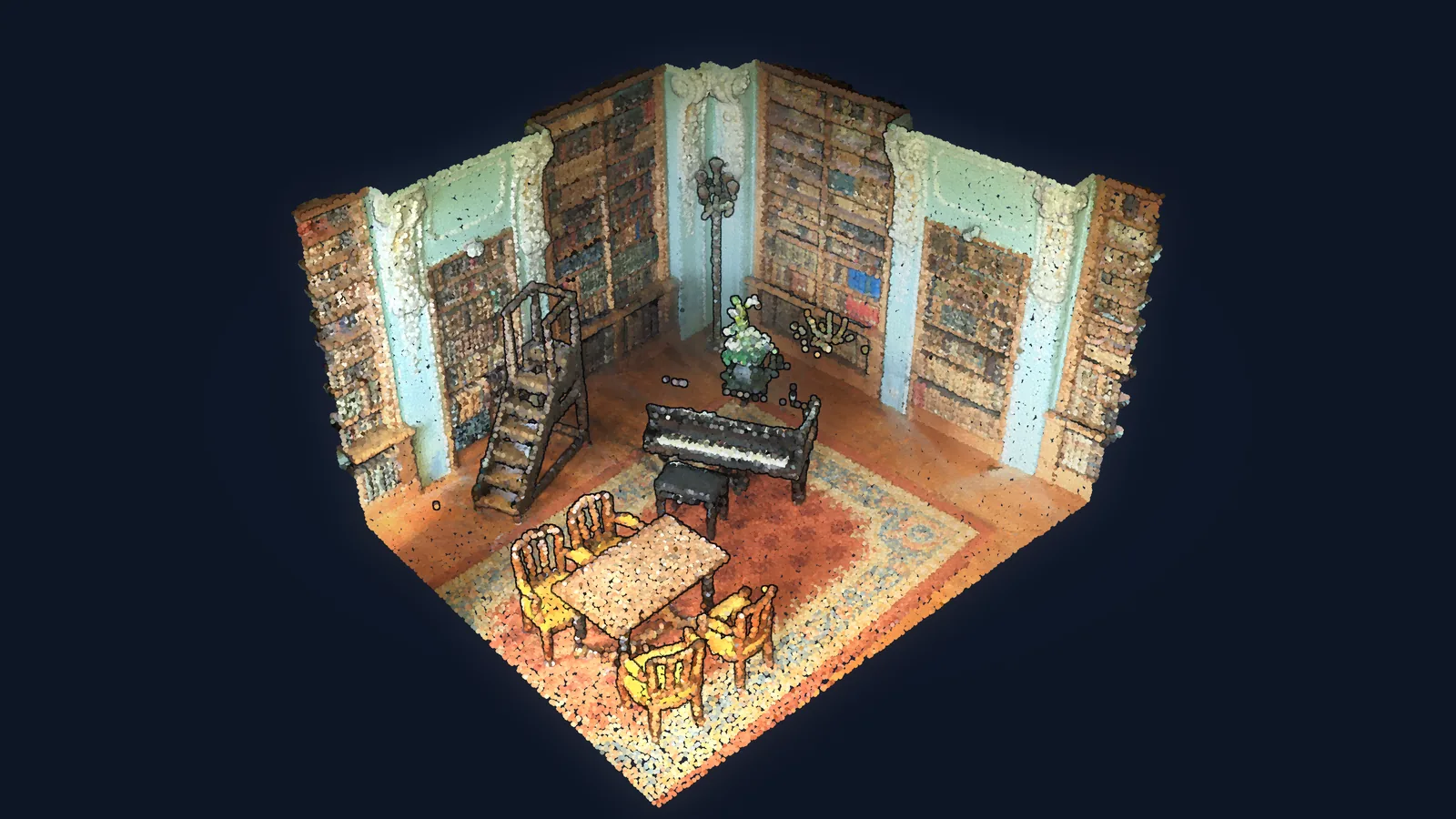 A scanned library room reconstructed in full colour, shelves and furniture intact