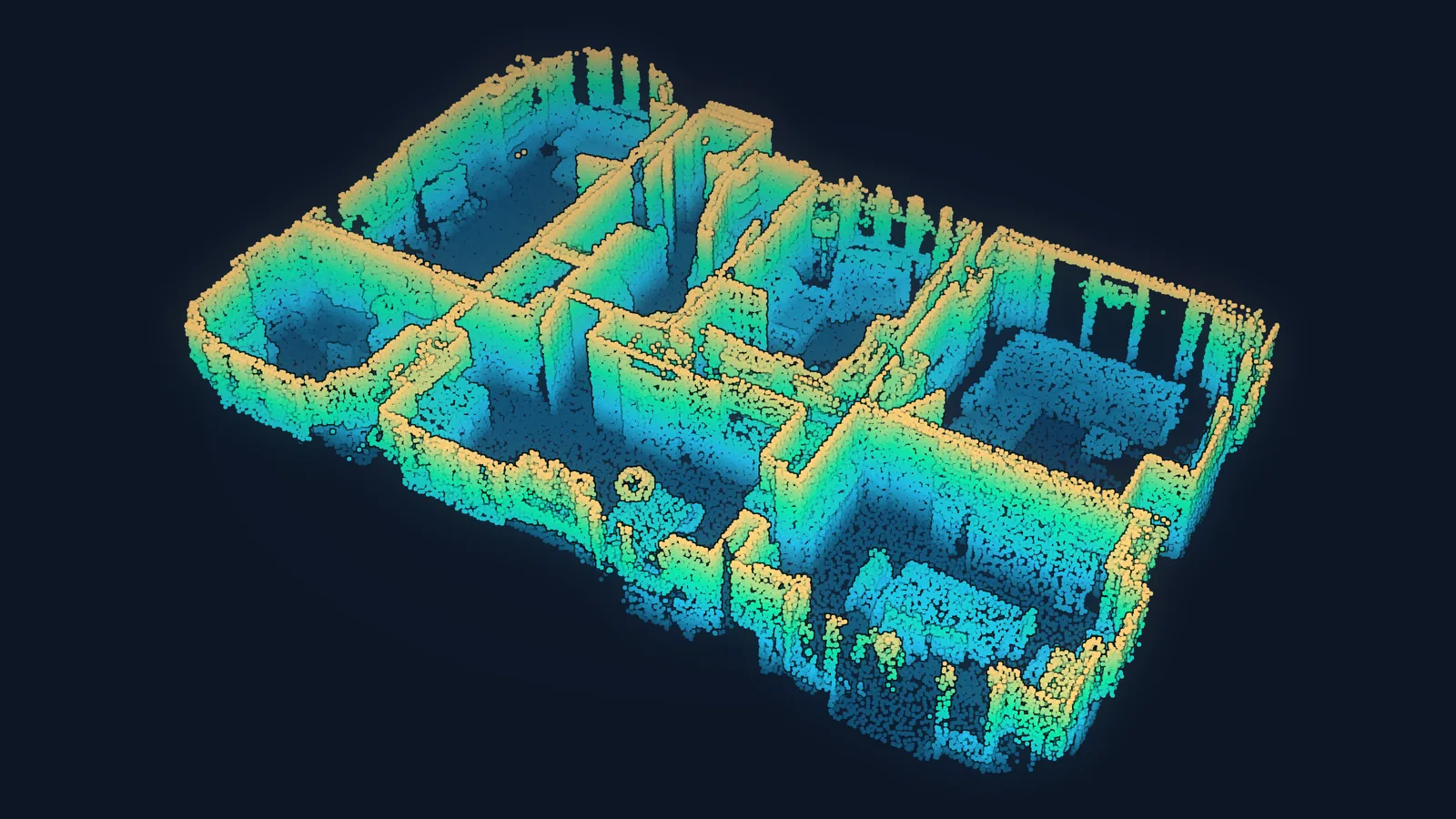 A scanned building interior classified floor by floor, every room separated by colour