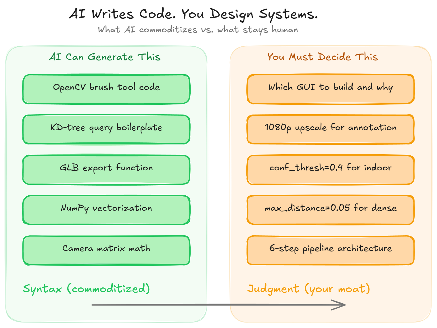 Diagram comparing what AI generates versus what 3D point cloud labeling architecture requires from a human