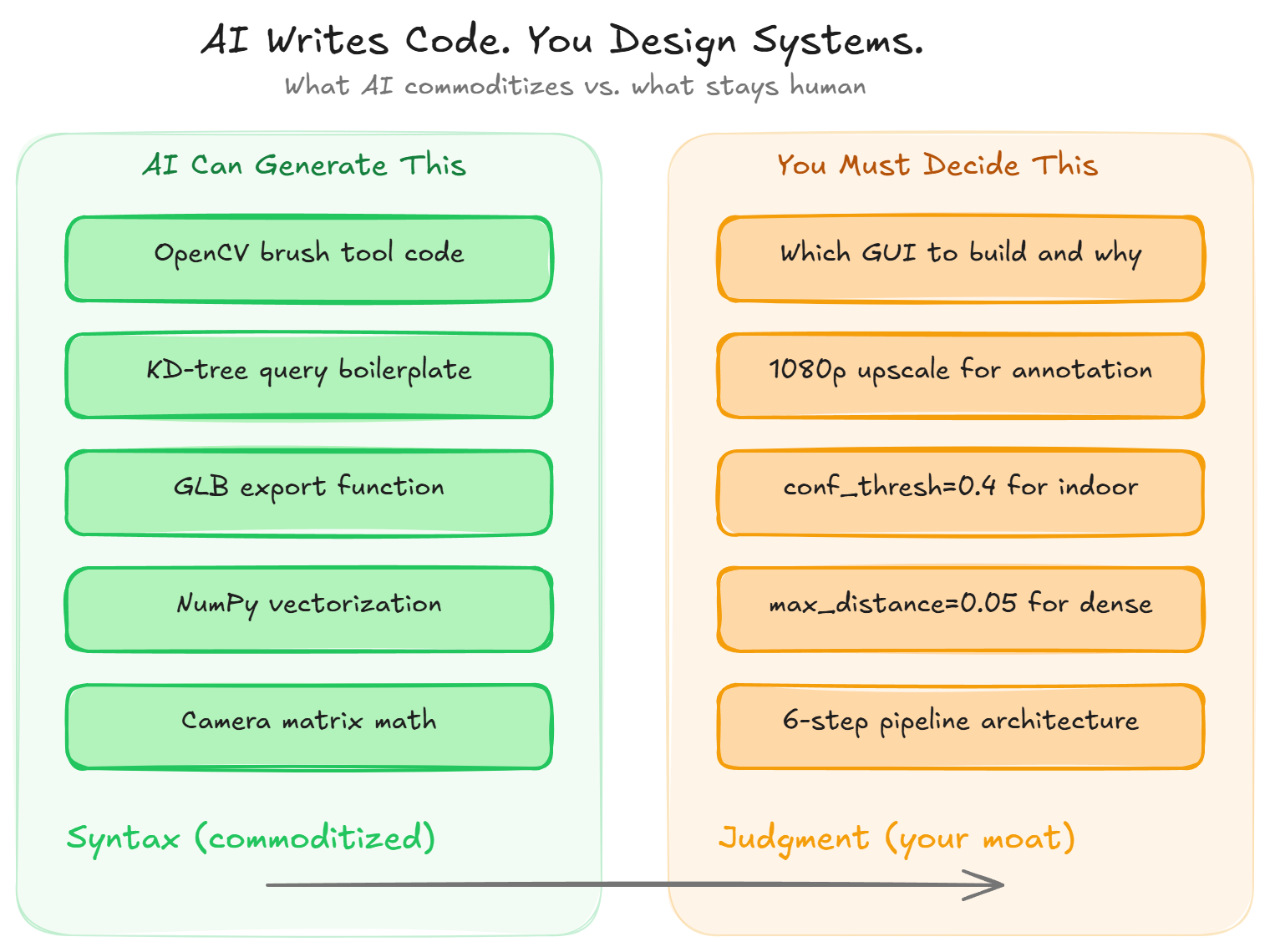 Diagram comparing what AI generates versus what 3D point cloud labeling architecture requires from a human
