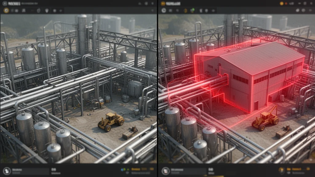 Two point clouds of the same site at different dates with construction and infra differences highlighted