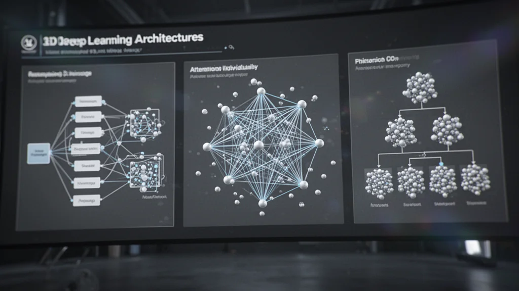 Visual atlas of 3D architectures: ANN, CNN, ResNet, PointNet, PointNet++, KPConv, transformers