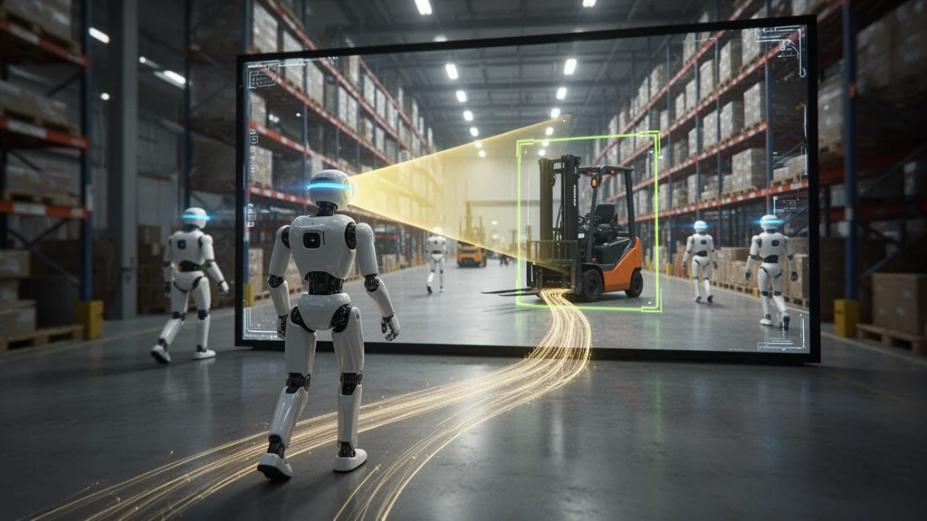 Multi-agent orchestration diagram over a 3D scene: detect, classify, reason