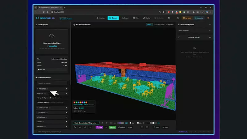 Indoor scene segmented into labelled objects in Neurones 3D