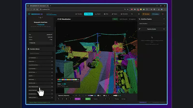 Dense point cloud segmented into coloured instances in Neurones 3D