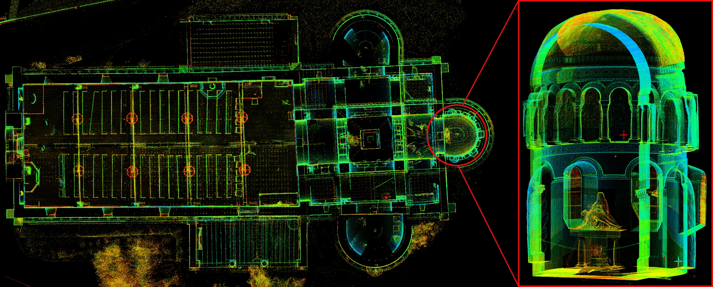 Top-down and 3D crop of a cathedral laser scan, the substrate that 3D spatial AI for AEC reasons over