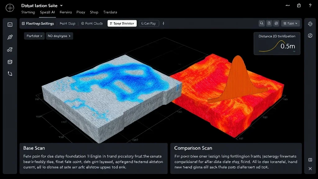 Compute C2C distances between scans. Colored difference maps, distance histograms, and thresholded change masks.