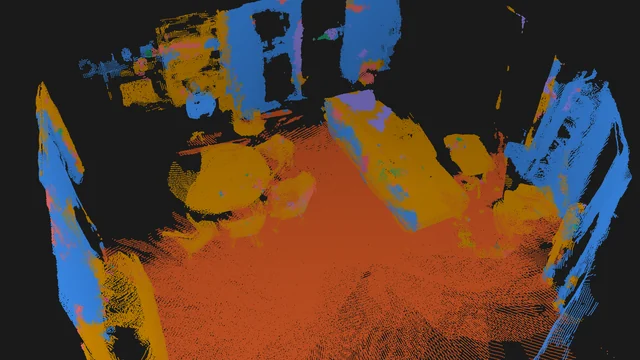 A living-room point cloud labeled into walls, floor and furniture