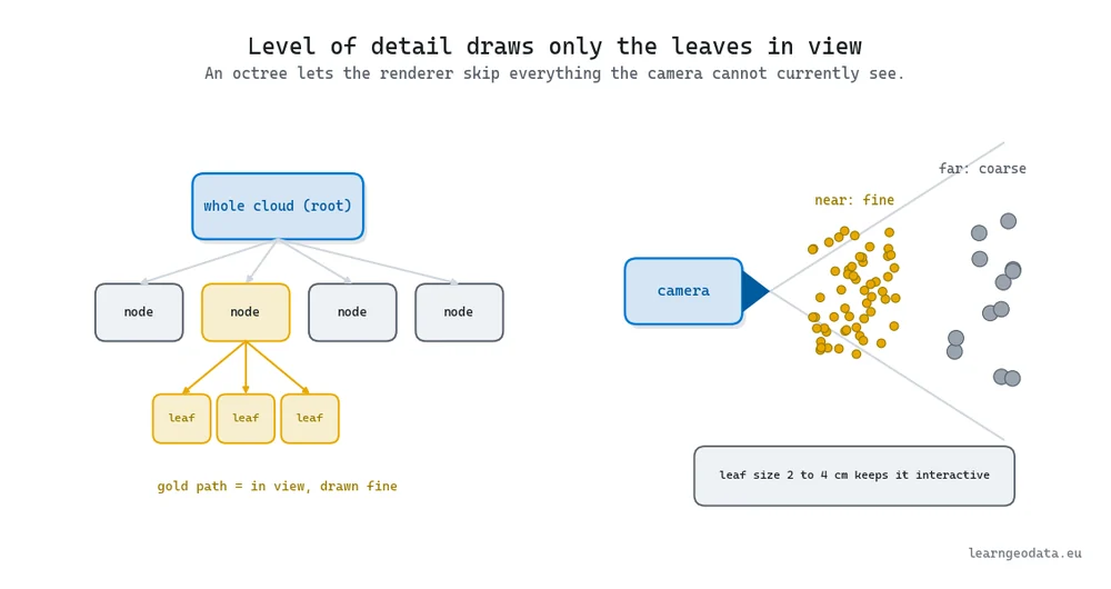 Diagram of octree level of detail for rendering, showing the renderer drawing only the leaves inside the camera frustum, fine up close and coarse far away