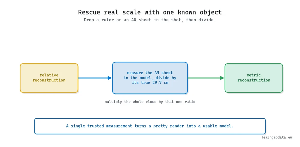Recovering metric scale by placing a known object like an A4 sheet in the shot and dividing to get the true ratio