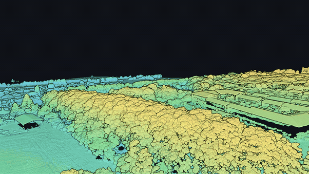 Animated low pass over a native-density airborne LiDAR point cloud with tree canopy and rooftops shaded by height
