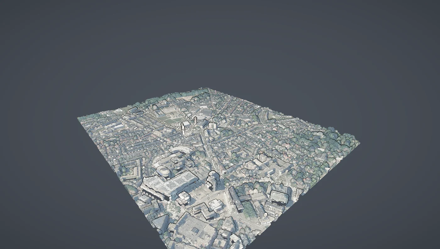 Oblique 3D render of a Dutch urban aerial survey point cloud in natural colour showing streets, houses and tree canopy