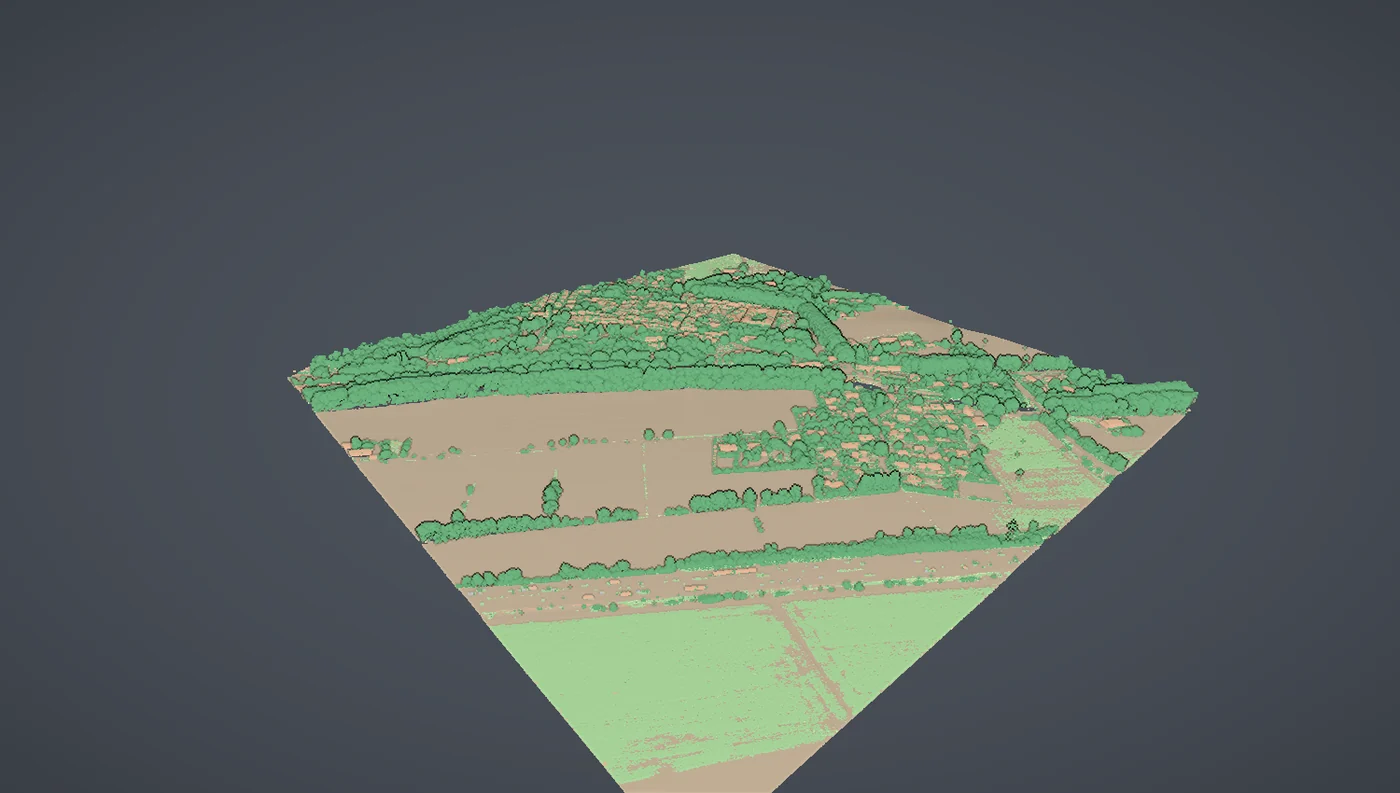 Airborne LiDAR tile rendered by ASPRS classification code with ground in tan and vegetation in green