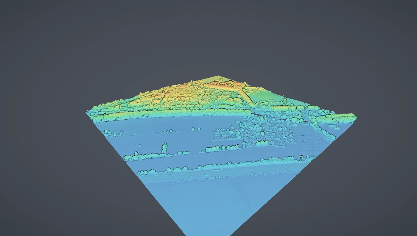 Oblique 3D render of a one kilometre square airborne LiDAR tile shaded by elevation, showing a valley floor, roads and tree canopy