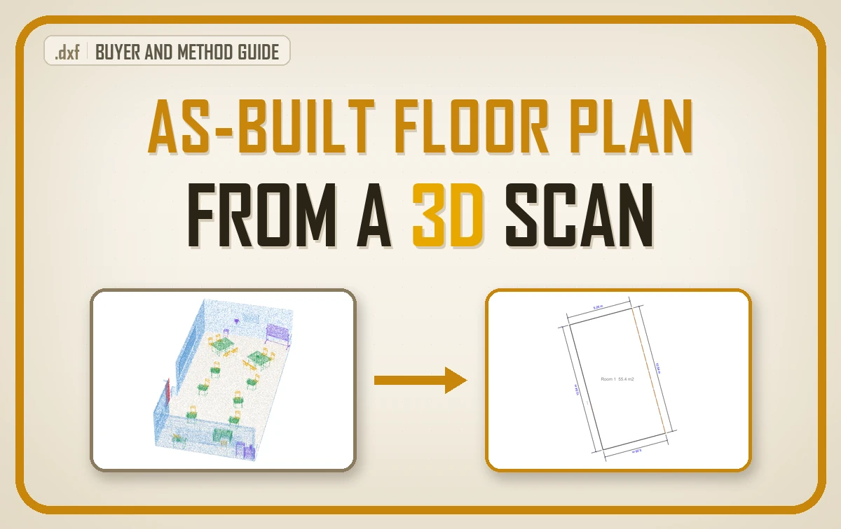 As-built floor plan from a 3D scan: a classified classroom point cloud turned into a dimensioned DXF floor plan
