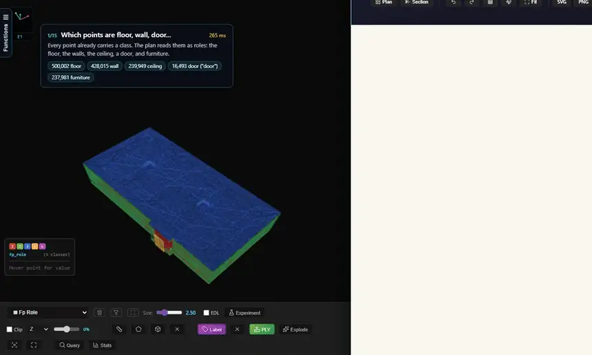 Neurones 3D showing how the as-built floor plan was built, stage by stage, from roles and walls to dimensions