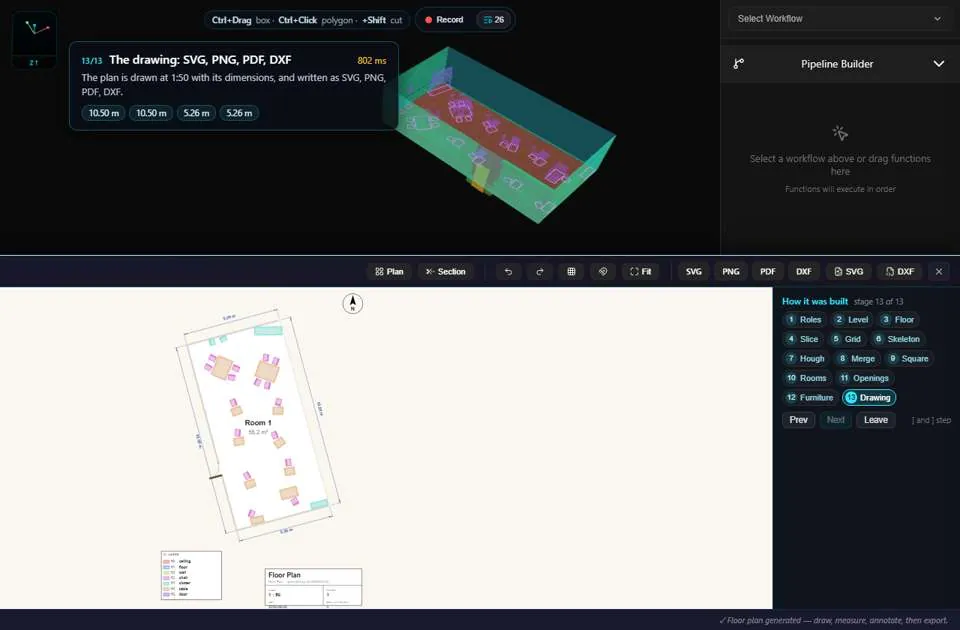 Neurones 3D as-built floor plan of the classroom with walls, door, furniture and dimensions