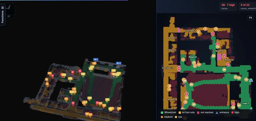 Neurones 3D stepping through the stages of an accessibility audit on a scanned university floor