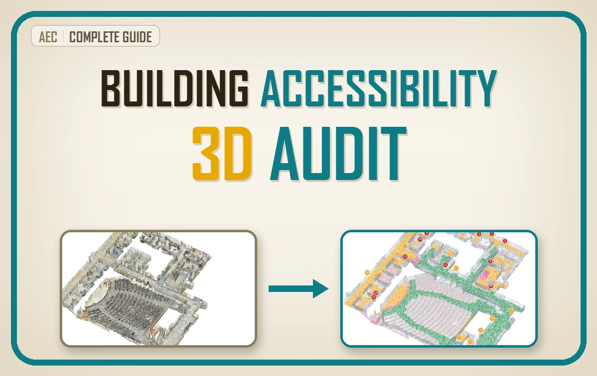 Building accessibility audit from a 3D scan, a raw university floor scan beside the same floor coloured by wheelchair reach with numbered issues