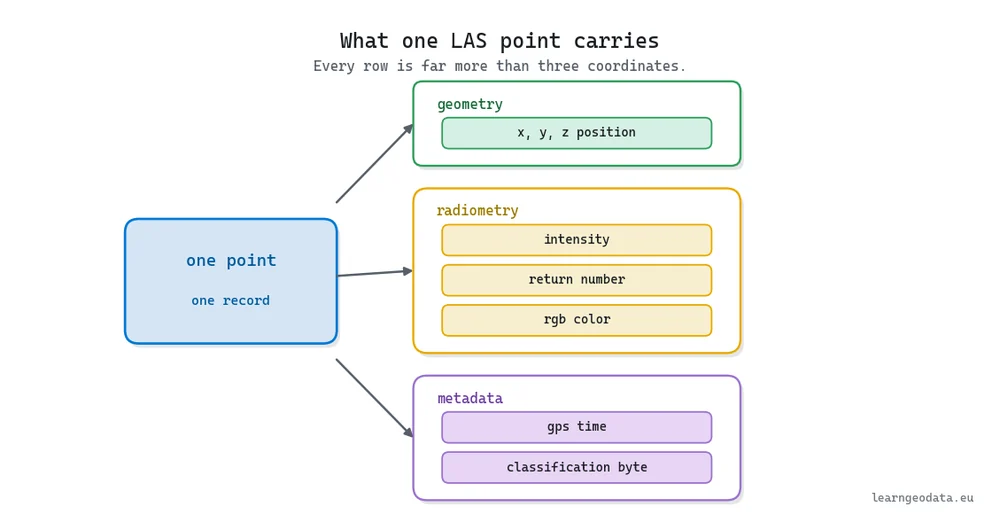 Anatomy of one LAS point record showing geometry, radiometry, and metadata fields per point