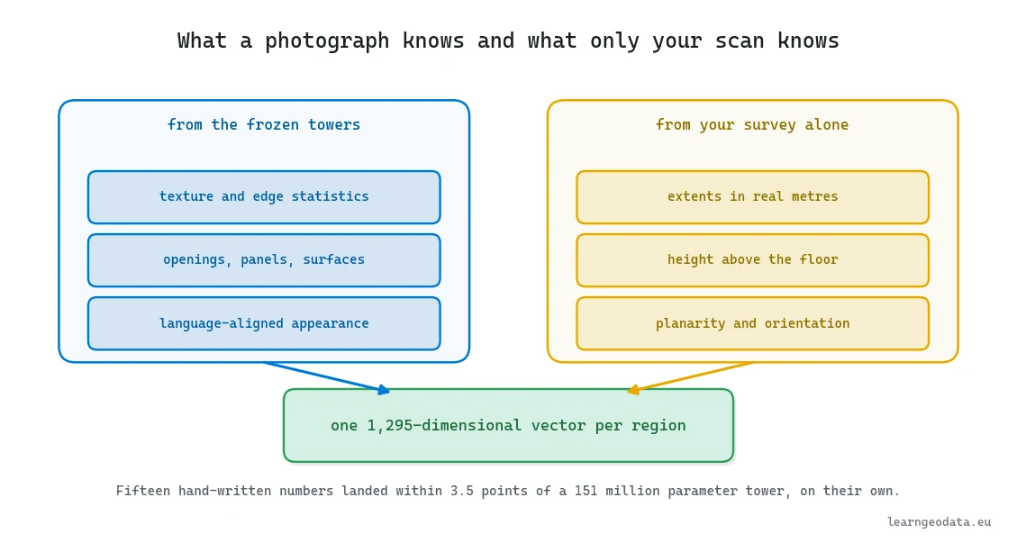 Diagram showing what frozen backbones contribute against what only a survey knows, combined into one 1,295-dimensional descriptor per region