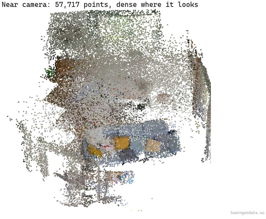 A near camera spends its point budget on dense foreground detail, the heart of point cloud level of detail