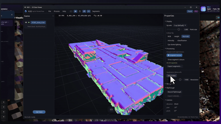 A first-person walkthrough of a reconstructed building floor as a mesh in Neurones 3D