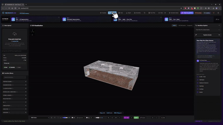A block model turned into a clean 2D floor plan with room dimensions in Neurones 3D