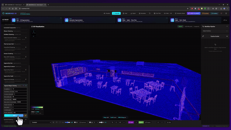 An indoor room going from raw points to full semantic labels for walls in Neurones 3D