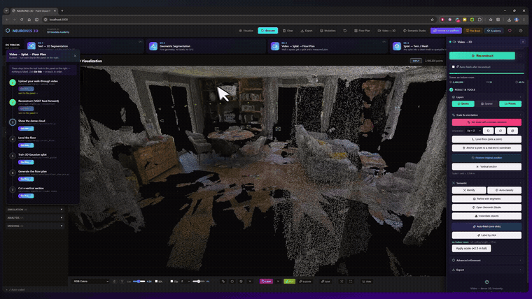 A messy raw indoor scan turned into clean semantic segments in Neurones 3D