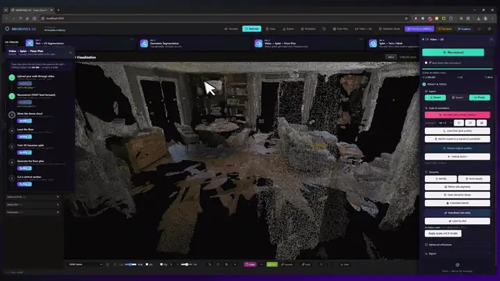 Raw indoor scan being segmented into semantic classes before any BIM element is written