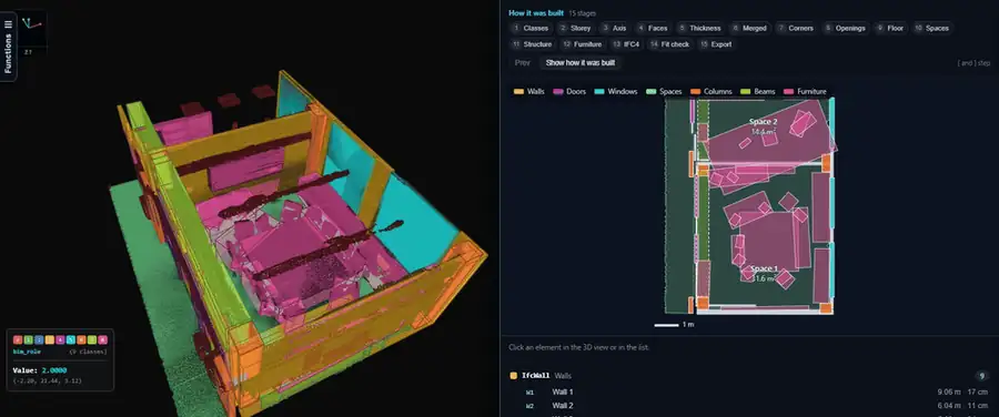 Clicking walls, doors and columns in Neurones 3D to read each element's IFC class and properties
