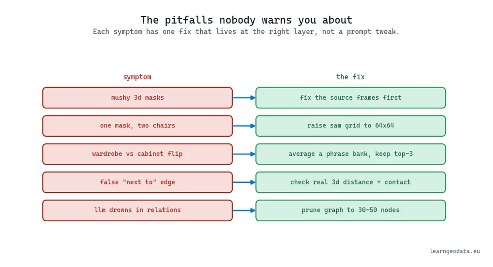 A symptom-to-fix map pairing common failures like mushy masks and false near edges with the fix at the right layer