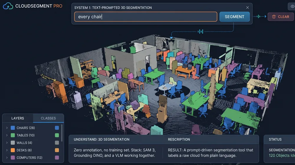 A point cloud answering a typed query, segmented by a vision-language stack