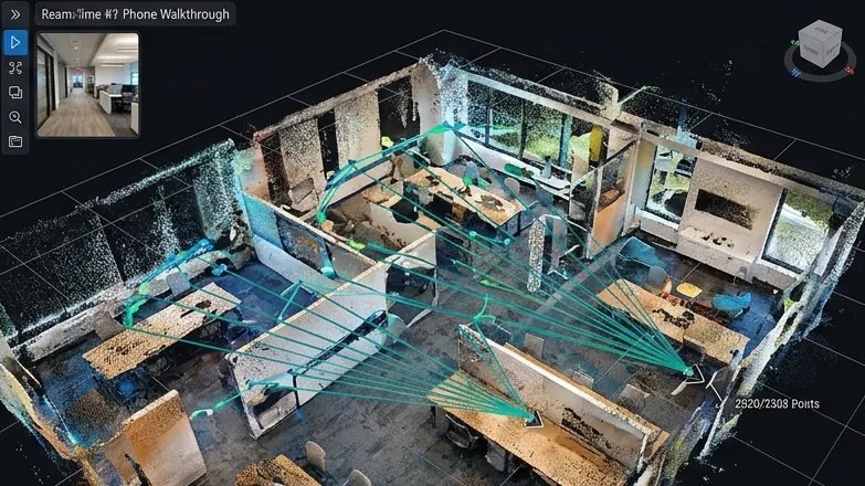 A phone-captured space turned into a Gaussian splat and a measured floor plan
