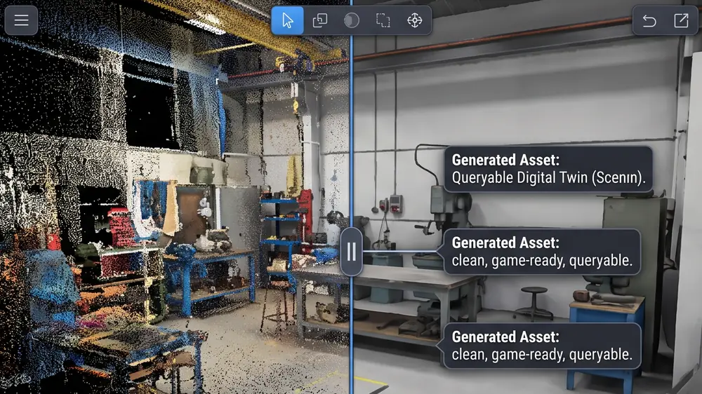 A point cloud converted into a clean textured mesh and a queryable twin asset