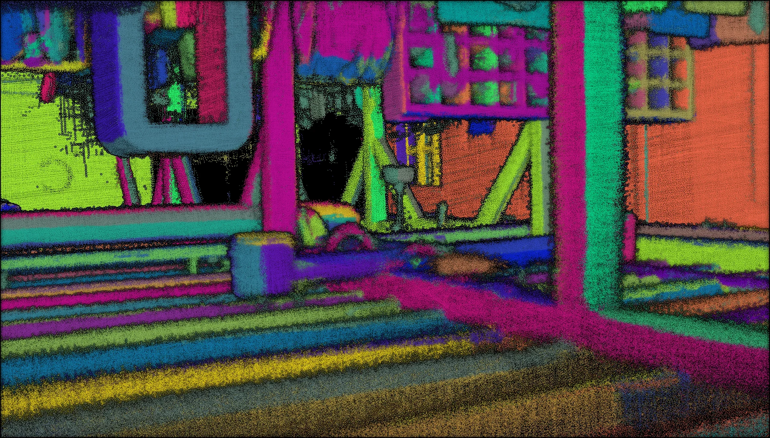 Vibrant semantic-painted indoor point cloud scan, the kind of asset that justifies investing in 3D spatial AI for AEC