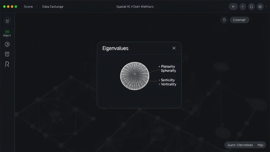 Compute per-point features at scale. Eigenvalue descriptors, curvature, planarity, normal vectors, and density statistics.