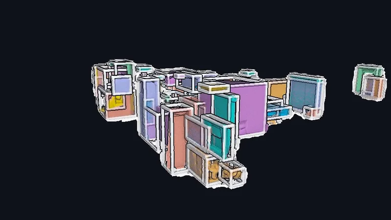 A cluster of scanned indoor objects floating on black, each one given its own colour and wrapped in its own white box by the detector.