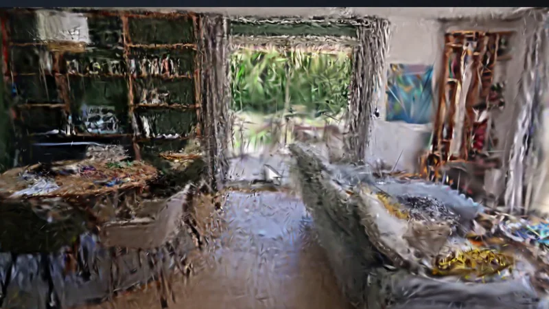 A living room rebuilt from photographs as a gaussian splat, soft and almost photographic, with daylight coming through the far doorway onto the floor.