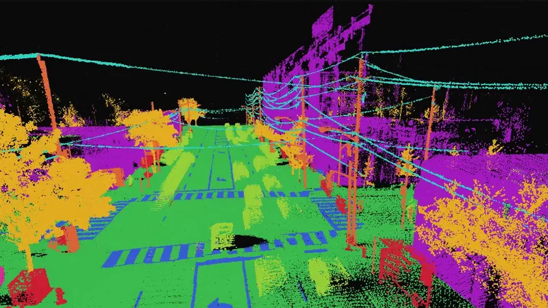 A street captured by lidar and sorted by class: the road surface in green, the trees in orange, the buildings in purple and the overhead wires in cyan.