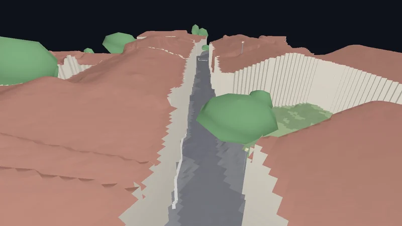 A street corridor turned into a clean 3D surface model, pink ground, green tree volumes and a grey road running down the middle.