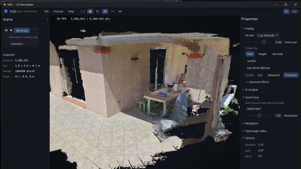 Act 1: your own desktop 3D processing app, with a 5.3 million point colour scan of a house terrace loaded, the scene panel on the left and display properties on the right