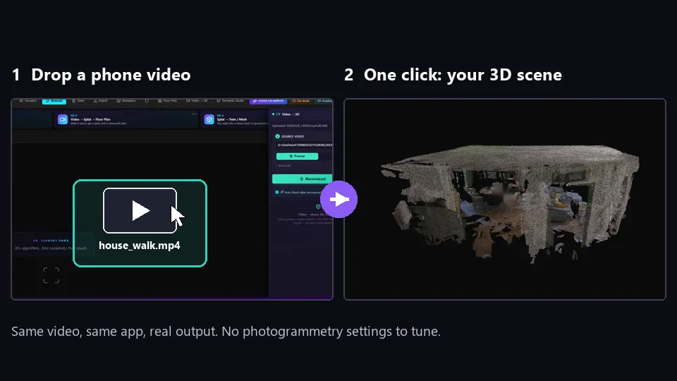 Act 2: a phone video dropped into the app on the left, and on the right the 3D point cloud the one-click engine rebuilt from that same video