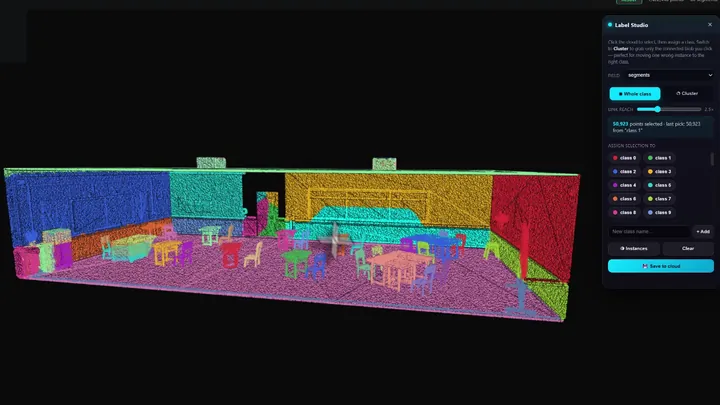 Act 3: a classroom point cloud split into segments, with the labelling panel open to assign or correct each class