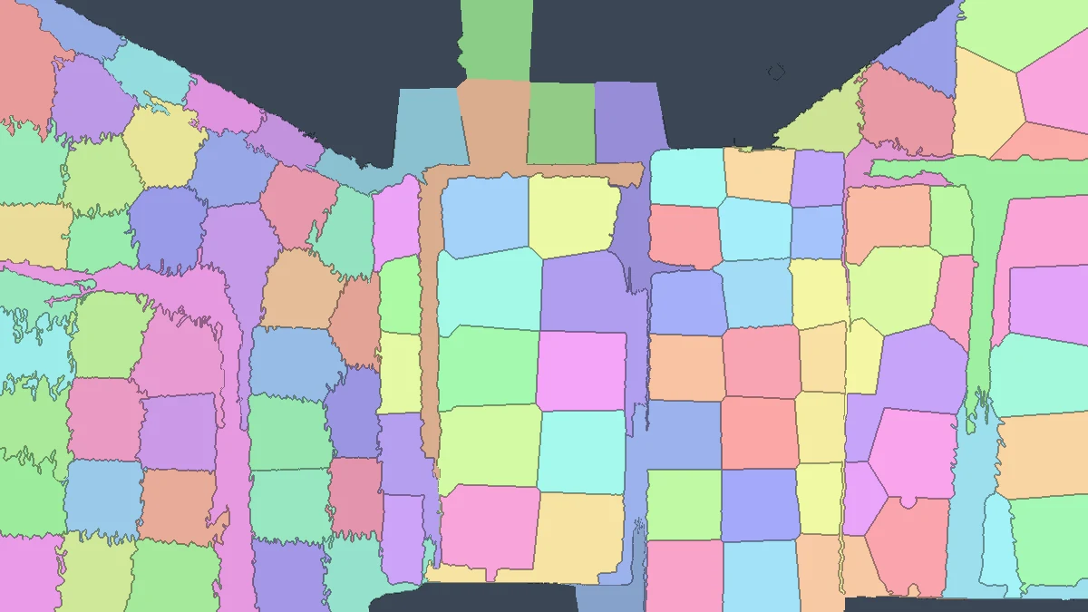 The same corridor split into structural segments, each surface its own region