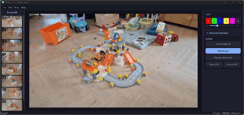 Interactive 3D point cloud labeling demo showing semantic mask painting on photographs with OpenCV