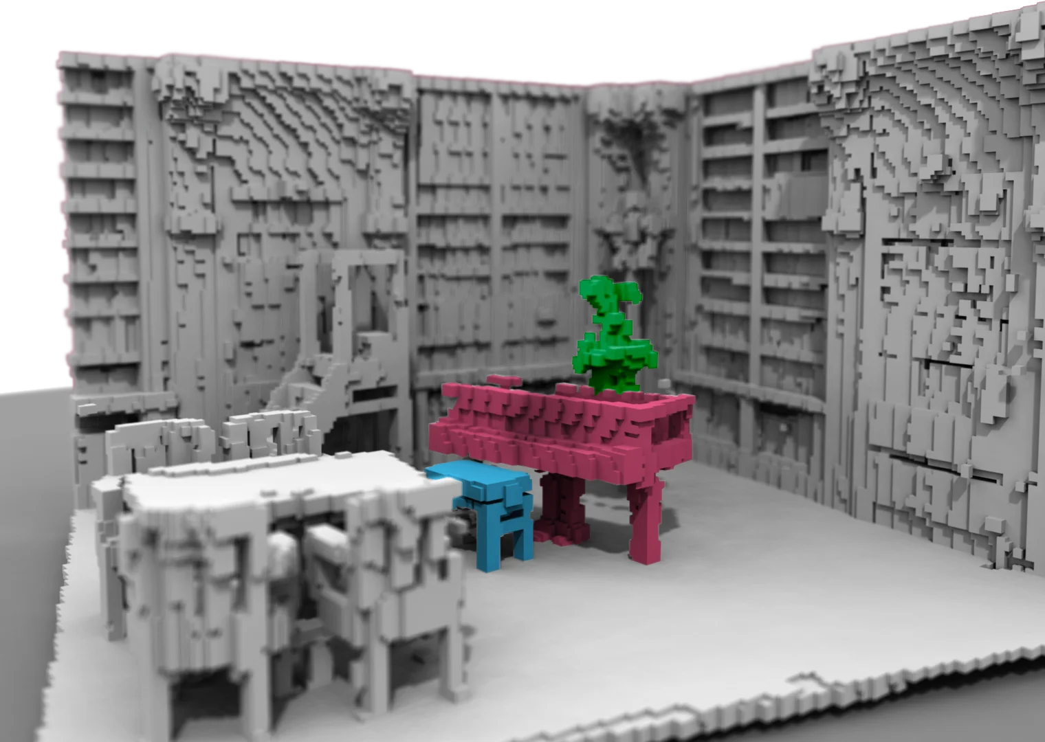 Voxelized indoor scene with object-level semantic instances, an illustration of dual-frame semantics in 3D spatial AI for AEC