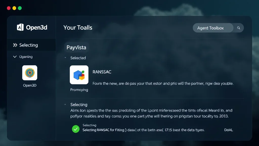 Tools your agent can actually call. Load a point cloud, run RANSAC, query a knowledge graph, transform coordinates, render a preview.